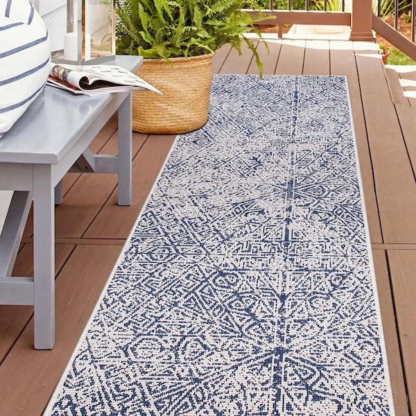 World Rug Gallery Contemporary Geometric Weather Resistant Indoor/Outdoor Runner Rug 2' x 7' Blue 4028BLUE2X7 - main